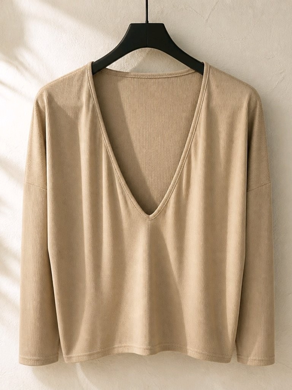 Ribbed Deep V-Neck Sweater Top - Beige